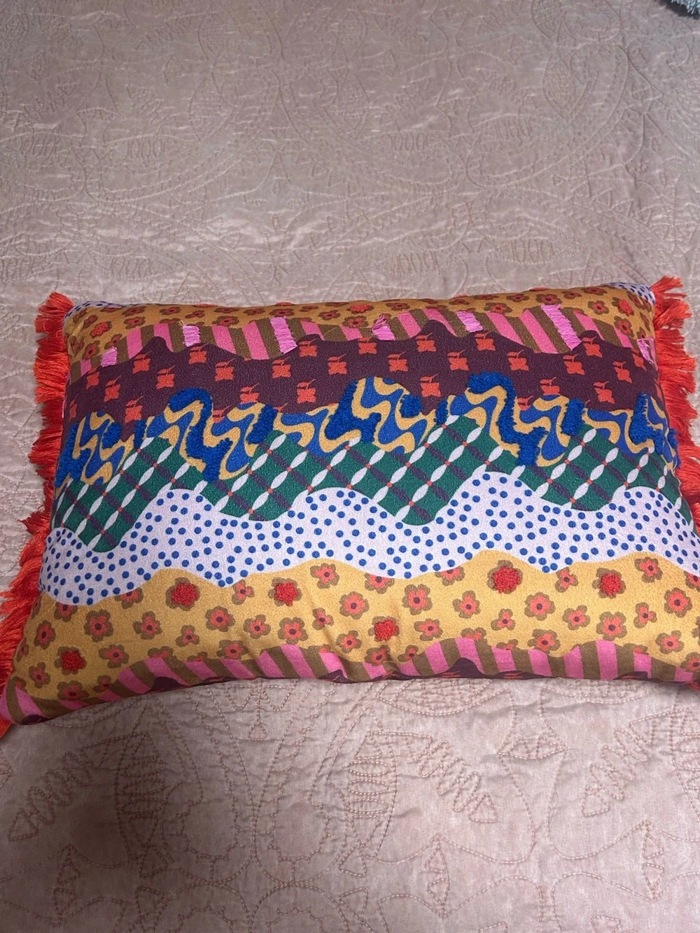 Colorful Patterned Throw Pillow with Red Fringe
